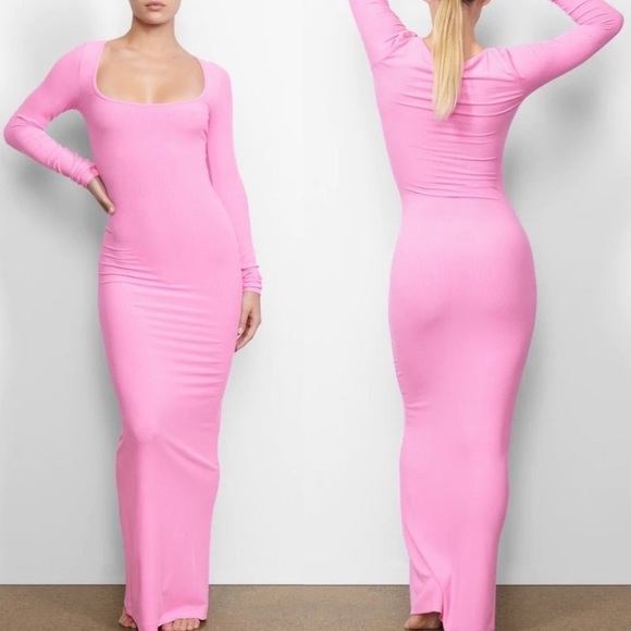 🆕XS BUBBLE GUM PINK SOFT LOUNGE LONG SLEEVE SQUARE NECK RIBBED SKIMS STYLE MAXI - Picture 6 of 15